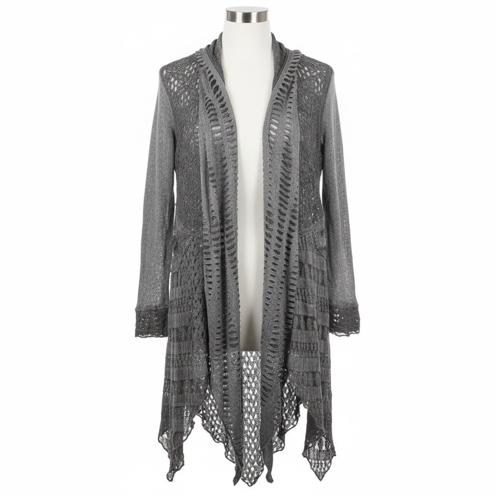 Vintage‎ Concept Gray Crochet Cardigan Womens M Bohemian Duster Open Front Layer